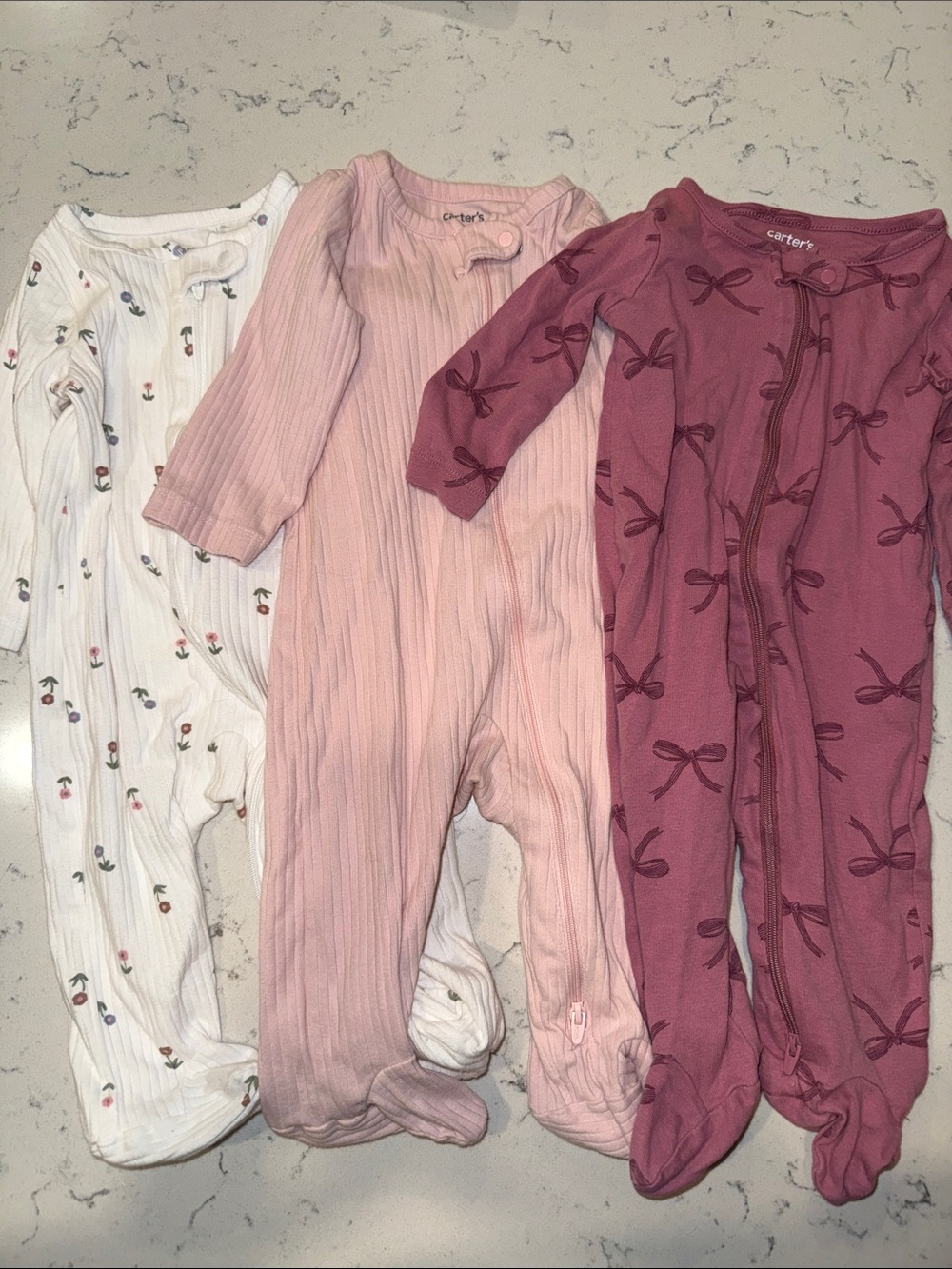 Carter's Girls' 3-Pack Footed One-Pieces in White, Light Pink & Mauve-6M